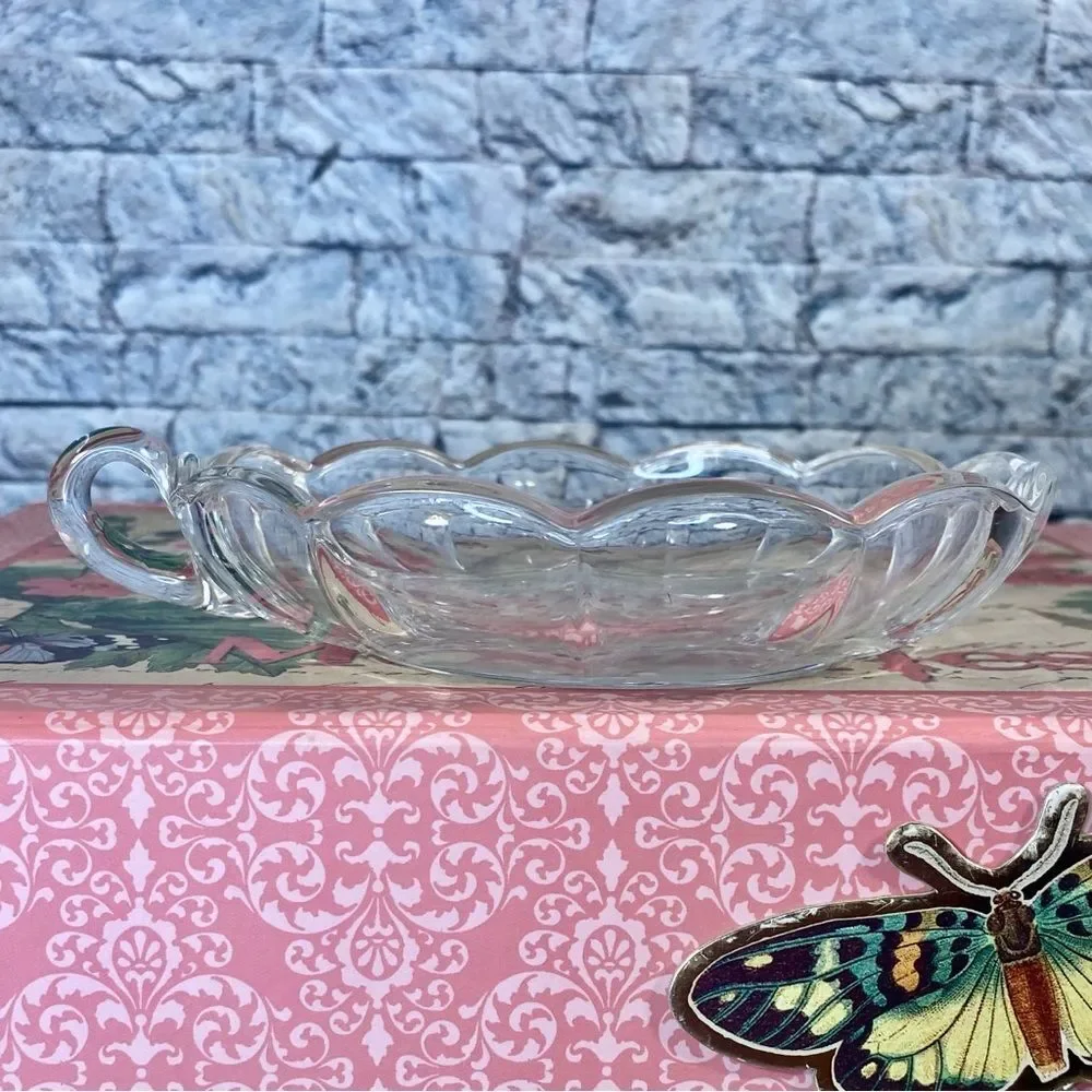Val St Lambert Crystal Serving Dish Candy Nappy Bowl Floral Mid Century